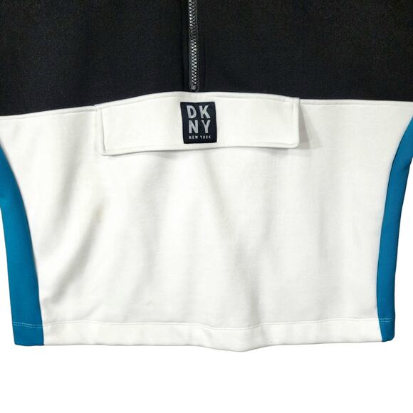 DKNY Sport 1/4 Zip Pullover Sweatshirt Women L Colorblock‎ Black White Blue LOGO - Picture 8 of 12